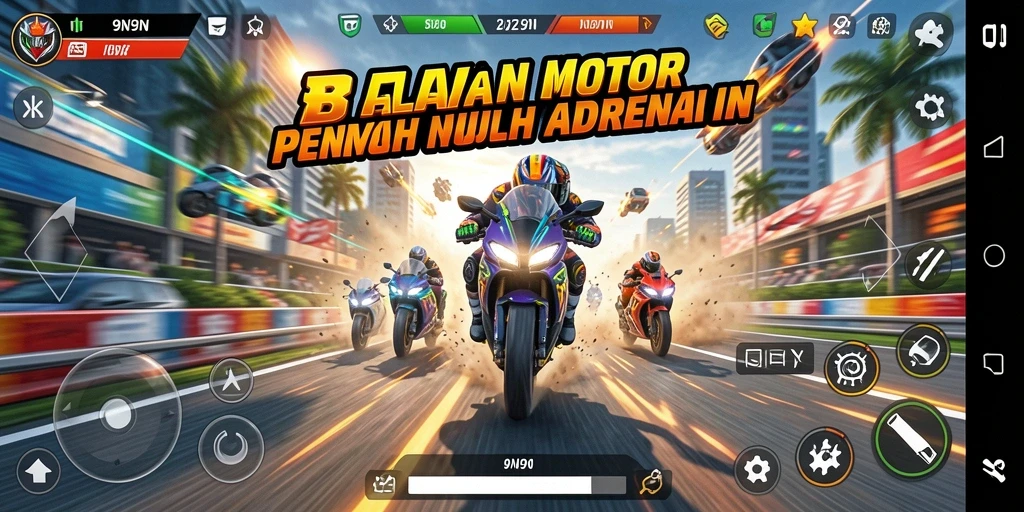Screenshot gameplay 9N9N menampilkan aksi balapan motor yang mendebarkan.
