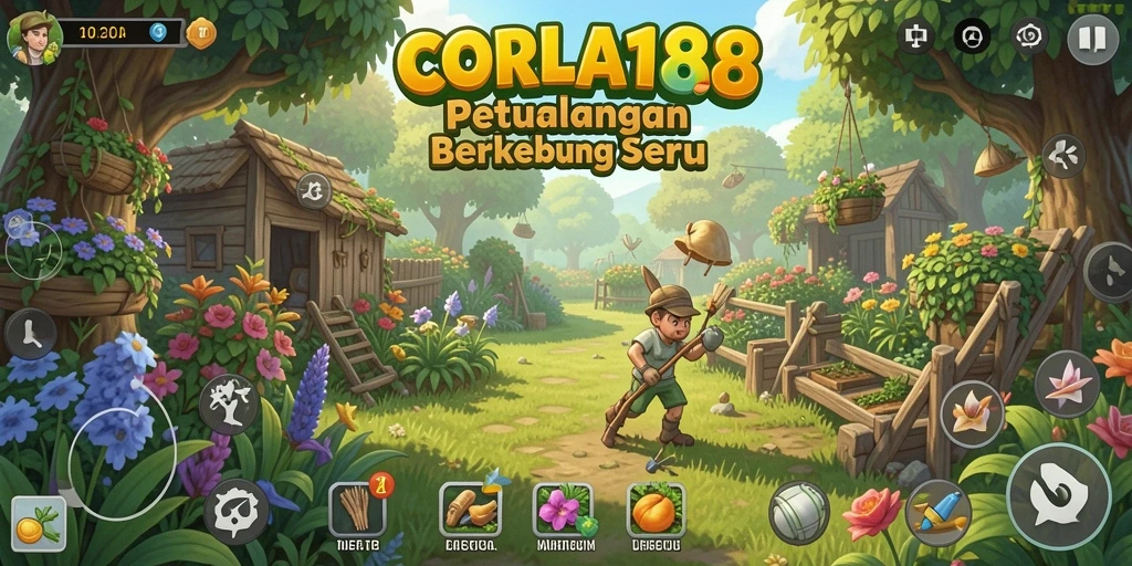 Screenshot gameplay CORLA188 dengan kebun yang indah dan tanaman berwarna-warni.