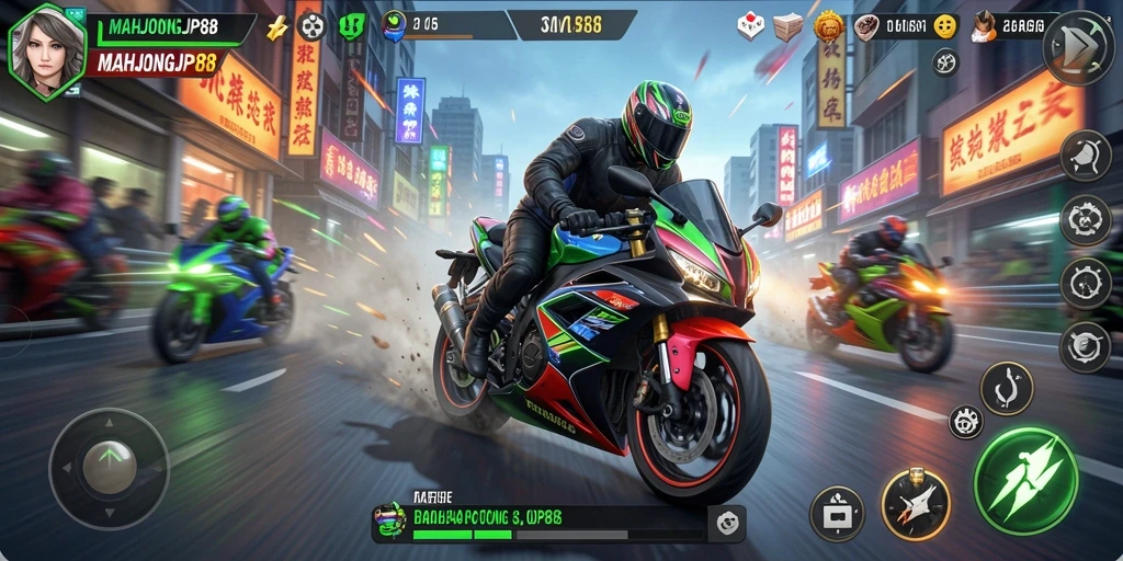 Screenshot gameplay MAHJONGJP88 menampilkan balapan motor yang seru dan mendebarkan.