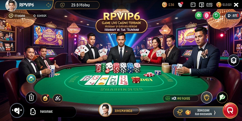 Screenshot dari gameplay RPVIP6 menampilkan dealer live dan permainan kasino yang menarik.