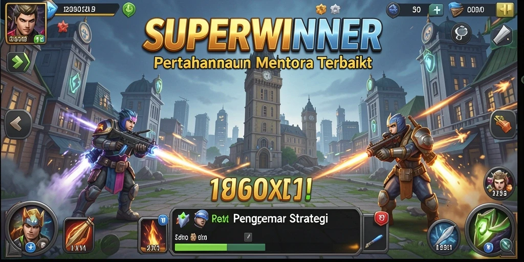 Tampilan gameplay SUPERWINNER menunjukkan menara yang menghalau gelombang musuh.