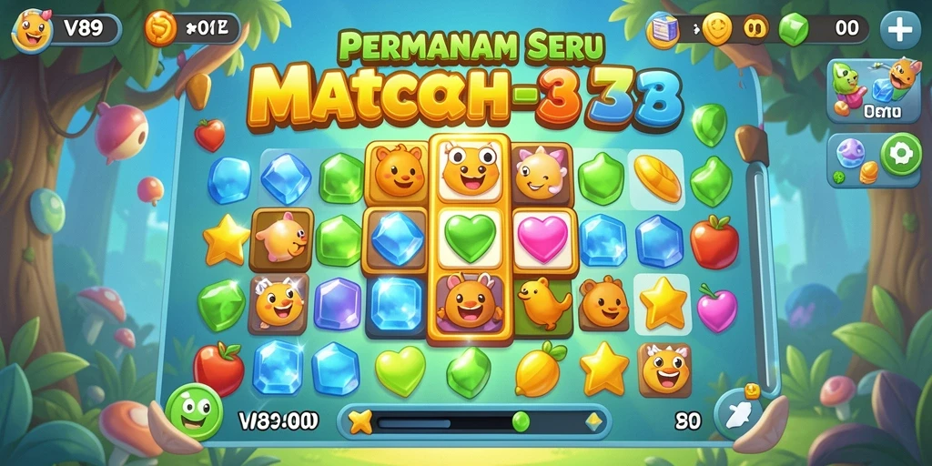 Screenshot utama V89 menunjukkan gameplay Match-3 yang menarik dan penuh warna.