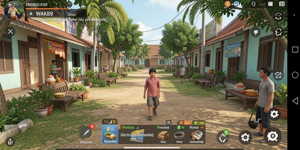 Tampilan gameplay WAK89 dengan aktivitas simulasi kehidupan sehari-hari.