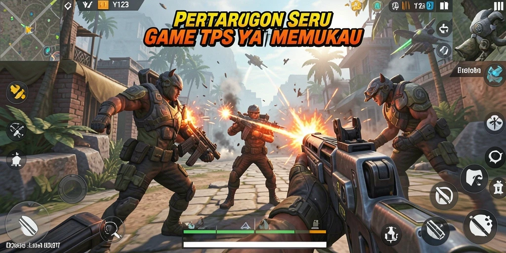 Screenshot gameplay YY123 menampilkan aksi seru dalam pertempuran TPS.